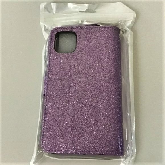 PHONE 11 6.1" GILTTER PURPLE FLIP WALLET WRIST STRAP CARD HOLDER - Picture 14 of 16